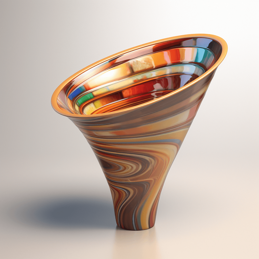 image generated by AI with prompt Visualize an abstract representation of a content marketing funnel. Each stage of the funnel is filled with different forms of content—blog posts, infographics, videos, and more—flowing from the wide top to the narrow bottom, symbolizing the journey of potential customers. Render this in a slightly tilted frame, employing natural colors, high-resolution textures for an ultra-detailed, photorealistic effect. Use graphic enhancements such as anti-aliasing, SFX, VFX, CGI, RTX, SSAO, FKAA, TXAA, HDR for an 8k resolution image in midday, megapixel cinematic lighting, sticking to --quality 2 --style raw