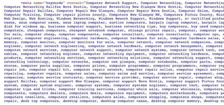 list of keywords in meta keywords tag