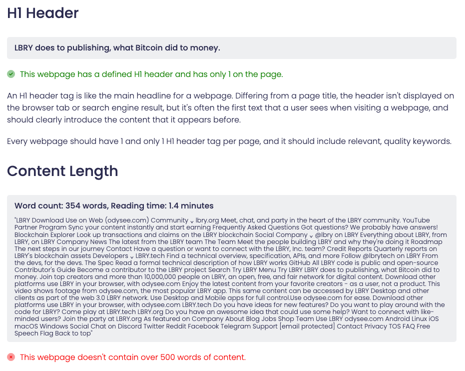 seo audit results for h1 header and content length