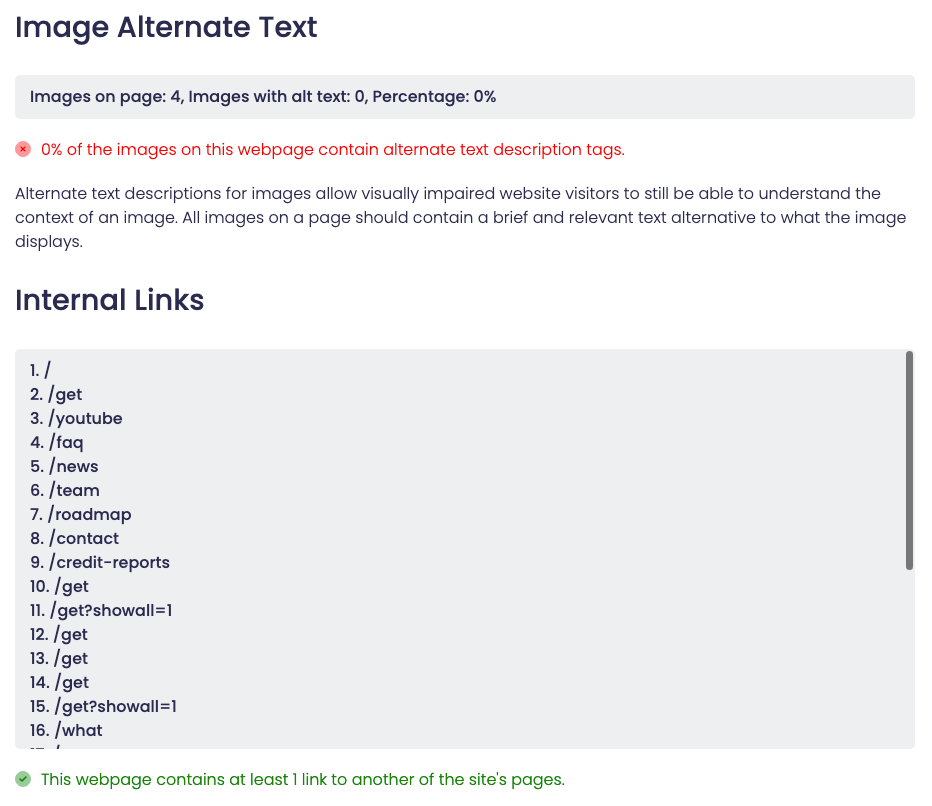 seo audit results for image alt text and internal links